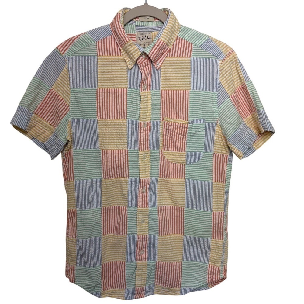 J Crew Patchwork Seersucker Plaid Short Sleeve Button Down Shirt Men's Slim S